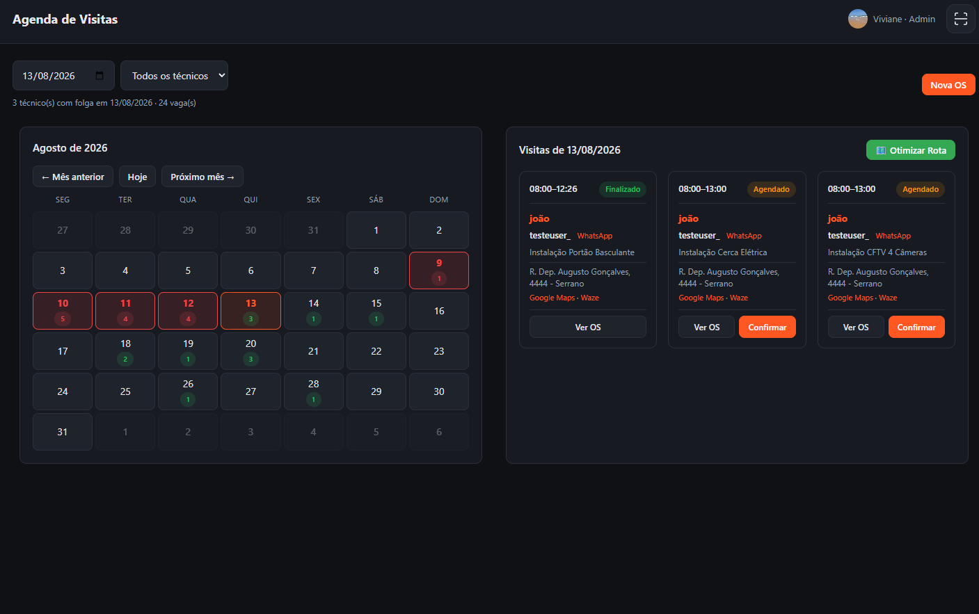 Calendário de agenda de visitas com técnicos e status de cada uma